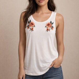 American Eagle Outfitters White Tank with Floral Embroidery